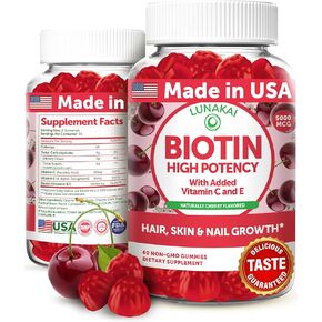 Lunakai USA Made Biotin Gummies 5000mcg with Vitamin C & E - Delicious Hair Skin Nails Vitamins for Women, Non-GMO, Hair Growth Supplement, 60 Ct