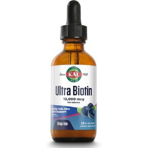 KAL Ultra Biotin 10000mcg DropIns, Liquid Biotin Drops, Hair Growth Supplement, High Potency Vitamin B7, Healthy Hair, Skin, Nails and Energy Support, Natural Mixed Berry Flavor, Approx. 59 Serv, 2oz