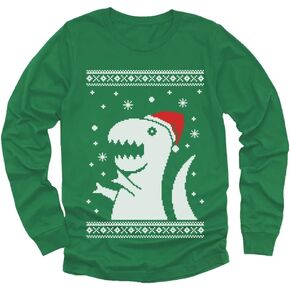 Tstars Boys Ugly Christmas Shirt Santa Dinosaur Tacky Sweater Style Xmas Holiday Youth Kids Long Sleeve T-Shirt
