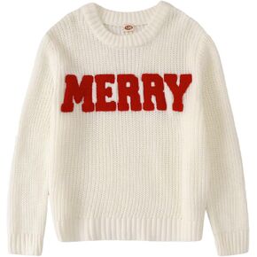 MODNTOGA Kid Boy Girl Merry Sweater Chenille Patch Merry Christmas Pullover Outfit Long Sleeve Knit Blouse Crewneck Xmas Top