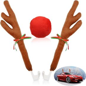 Reindeer Antlers and Nose Kit, Christmas Car Decorations, Rudolph With Bells and Red Nose for SUV Vans Trucks Multiple Models