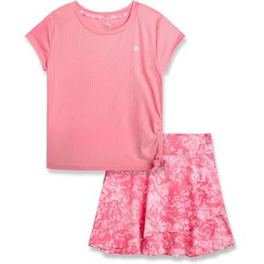 RBX Girls' Skort Set - 2 Piece Short Sleeve Performance Ribbed Tee and Active Ruffle Skort for Girls (Sizes: 4-12)