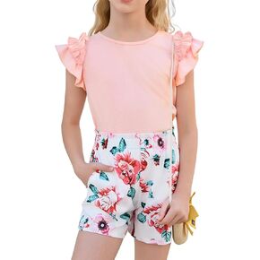 Haloumoning Girls 2 Piece Summer Outfits Clothes Ruffle Short Sleeve Shirts and High Waist Paper Bag Shorts Sets with Pockets