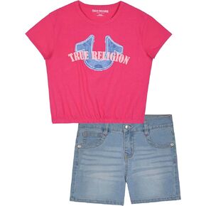 True Religion Girls Jeans Shorts Set Girls Denim Short and Fashion Tee Shirt Clothing Set for Kids