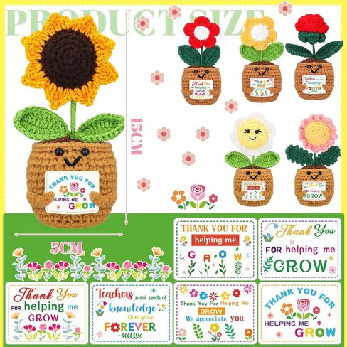 6 Pcs Thank You for Helping Me Grow Gifts End of Year Teacher Gift Mini Positive Sunflower Doll Flowers Crochet with Card for Graduation Birthday from Student in Kuwait