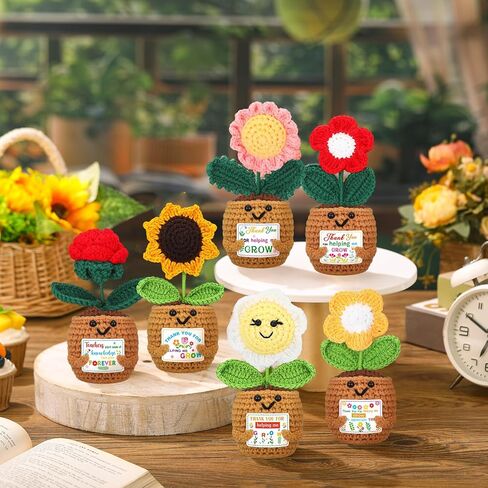 6 Pcs Thank You for Helping Me Grow Gifts End of Year Teacher Gift Mini Positive Sunflower Doll Flowers Crochet with Card for Graduation Birthday from Student in Kuwait
