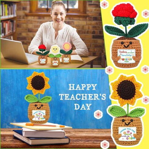 6 Pcs Thank You for Helping Me Grow Gifts End of Year Teacher Gift Mini Positive Sunflower Doll Flowers Crochet with Card for Graduation Birthday from Student in Kuwait