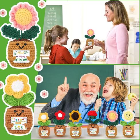 6 Pcs Thank You for Helping Me Grow Gifts End of Year Teacher Gift Mini Positive Sunflower Doll Flowers Crochet with Card for Graduation Birthday from Student in Kuwait