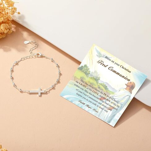 Christian Gifts for Women Girls 925 Sterling Silver Rosary Cross Link Chain Bracelet Baptism Communion Confirmation Religious Jewelry Gifts with Inspirational Card in Saudi Arabia
