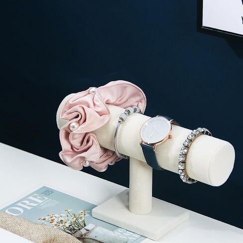 Coward T-Bar Bracelet Holder Organizer Jewelry Display Scrunchie Hair Ties Watch Stand for Home Organization Storage or Store Show Sell (Beige Velvet) in Saudi Arabia