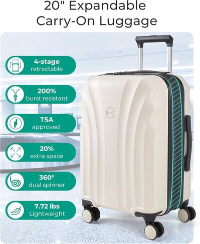 BAGSMART Carry On Luggage 22x14x9 Airline Approved with TSA Lock, Expandable Hard Shell Suitcase with Spinner Wheels, Lightweight 20 Inch Travel Rolling Carry-On Luggage, Off White in Saudi Arabia