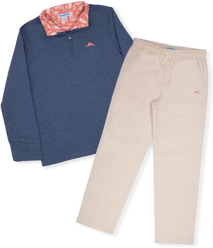 Tommy Bahama Boys Pullover Quarter-Zip Sweater الأكمام الطويلة والسروال ، الزي الصيفي غير الرسمي من قطعتين للأطفال in Kuwait