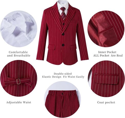 Boys Slim Fit Suits Striped Formal 6 Boys Suits Set Toddler Kids Suits Blazer Pants Vest Shirt Tie Bowtie in Saudi Arabia