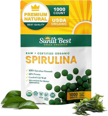 Sunlit Best - USDA Organic Spirulina Tablet - Natural Super Greens Supplements for Immune Support, Gut Health & Boost Energy Tablets with Chlorophyll, Vegan & High Protein Non GMO, 1000 Superfood Tabs in Kuwait