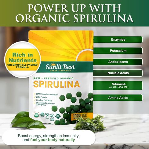Sunlit Best - USDA Organic Spirulina Tablet - Natural Super Greens Supplements for Immune Support, Gut Health & Boost Energy Tablets with Chlorophyll, Vegan & High Protein Non GMO, 1000 Superfood Tabs in Kuwait