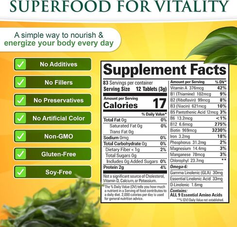 Sunlit Best - USDA Organic Spirulina Tablet - Natural Super Greens Supplements for Immune Support, Gut Health & Boost Energy Tablets with Chlorophyll, Vegan & High Protein Non GMO, 1000 Superfood Tabs in Kuwait