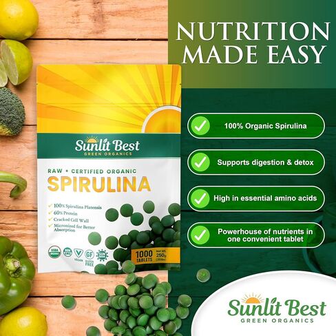 Sunlit Best - USDA Organic Spirulina Tablet - Natural Super Greens Supplements for Immune Support, Gut Health & Boost Energy Tablets with Chlorophyll, Vegan & High Protein Non GMO, 1000 Superfood Tabs in Kuwait