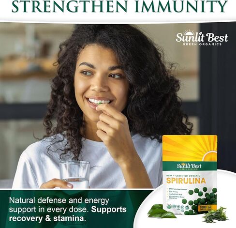 Sunlit Best - USDA Organic Spirulina Tablet - Natural Super Greens Supplements for Immune Support, Gut Health & Boost Energy Tablets with Chlorophyll, Vegan & High Protein Non GMO, 1000 Superfood Tabs in Kuwait