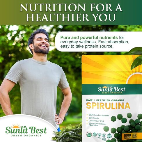 Sunlit Best - USDA Organic Spirulina Tablet - Natural Super Greens Supplements for Immune Support, Gut Health & Boost Energy Tablets with Chlorophyll, Vegan & High Protein Non GMO, 1000 Superfood Tabs in Kuwait