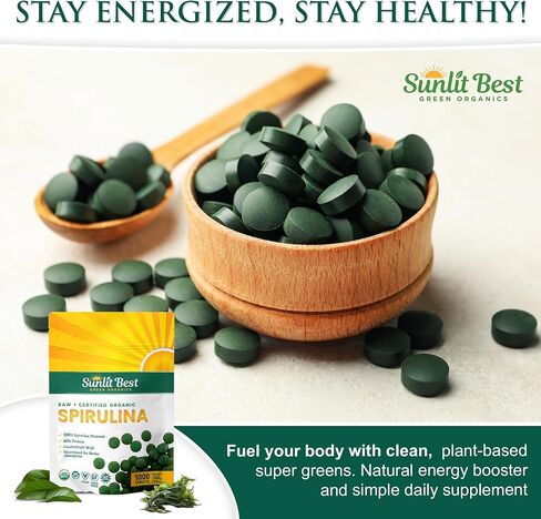 Sunlit Best - USDA Organic Spirulina Tablet - Natural Super Greens Supplements for Immune Support, Gut Health & Boost Energy Tablets with Chlorophyll, Vegan & High Protein Non GMO, 1000 Superfood Tabs in Kuwait