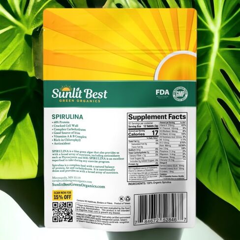 Sunlit Best - USDA Organic Spirulina Tablet - Natural Super Greens Supplements for Immune Support, Gut Health & Boost Energy Tablets with Chlorophyll, Vegan & High Protein Non GMO, 1000 Superfood Tabs in Kuwait