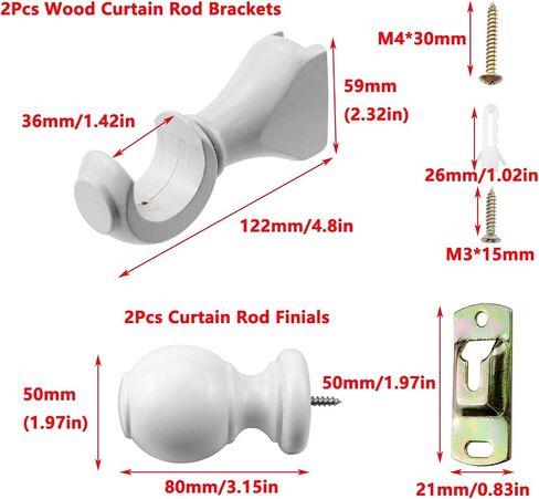 Antrader 2Pcs Finials for Curtain Rods and 2Pcs Wood Curtain Rod Brackets,Wood Curtain Rod Finials and Window Curtain Hooks for Curtain Rod,White in Saudi Arabia