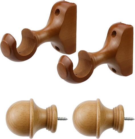 Antrader 2Pcs Finials for Curtain Rods and 2Pcs Wood Curtain Rod Brackets,Wood Curtain Rod Finials and Window Curtain Hooks for Curtain Rod,White in Saudi Arabia