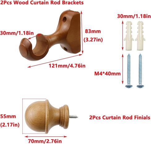 Antrader 2Pcs Finials for Curtain Rods and 2Pcs Wood Curtain Rod Brackets,Wood Curtain Rod Finials and Window Curtain Hooks for Curtain Rod,White in Saudi Arabia