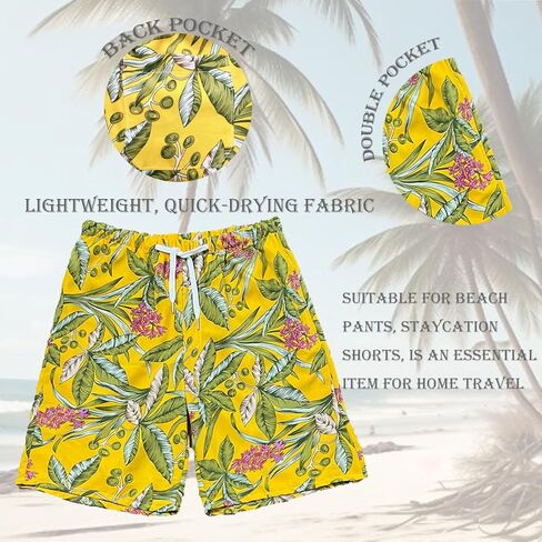 Beach Shorts for Men Summer 3-Pockets Quick-Dry Tropical Tree Printing Lace-Up Beach Shorts Swim Trunks Mens in Kuwait