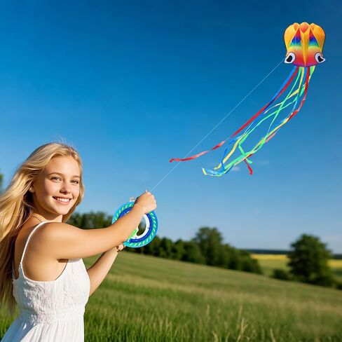 2 Packs (Rainbow+Red) Large Octopus Kite,Big Beach Kite for Outdoors Activities with Line and Handle in Saudi Arabia