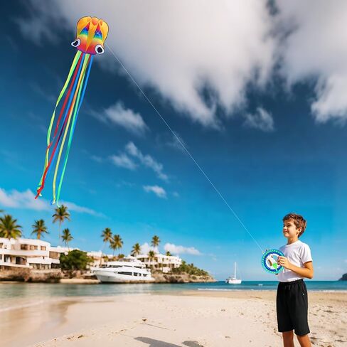 2 Packs (Rainbow+Red) Large Octopus Kite,Big Beach Kite for Outdoors Activities with Line and Handle in Saudi Arabia