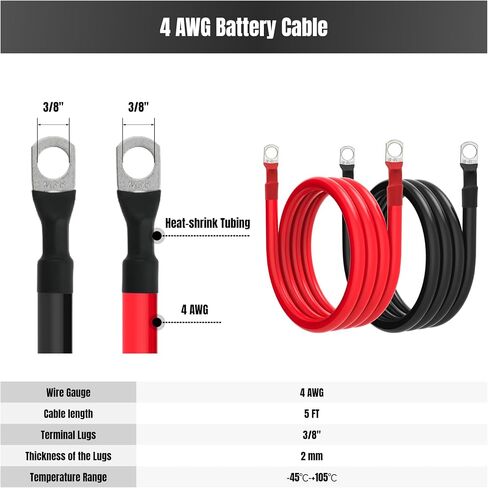9in 4 AWG Battery Cable 4 Gauge Battery Cables 4AWG 9-Inch Battery Inverter Wires Cables with 3/8 inch Lugs for Solar Power Inverters, RVs, Campers, Travel Trailers, Cars, 2 Pairs in Saudi Arabia