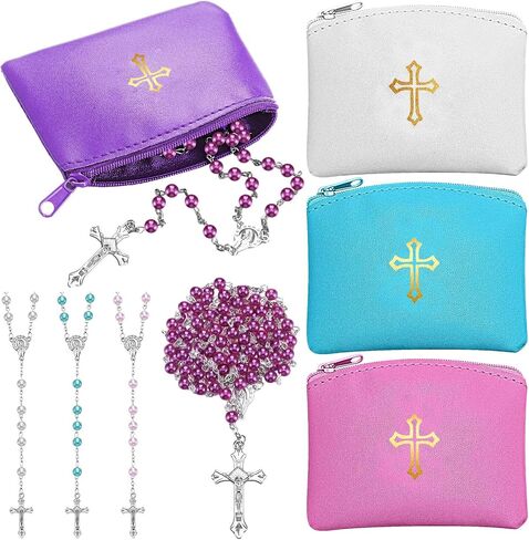 8 Pcs Rosary Pouch with Catholic Rosary Beads Necklace Set for Women PU Leather Holder with Zipper and Gold Cross Imprint Case Portable Religious Bag for Travel in Kuwait