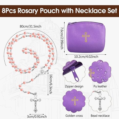 8 Pcs Rosary Pouch with Catholic Rosary Beads Necklace Set for Women PU Leather Holder with Zipper and Gold Cross Imprint Case Portable Religious Bag for Travel in Kuwait
