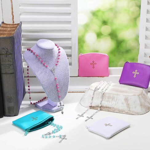 8 Pcs Rosary Pouch with Catholic Rosary Beads Necklace Set for Women PU Leather Holder with Zipper and Gold Cross Imprint Case Portable Religious Bag for Travel in Kuwait