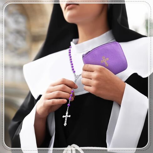 8 Pcs Rosary Pouch with Catholic Rosary Beads Necklace Set for Women PU Leather Holder with Zipper and Gold Cross Imprint Case Portable Religious Bag for Travel in Kuwait