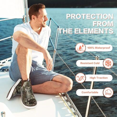 Showave Men's Deck Boots مقاومة للماء في الكاحل الملحون المطر التمهيد الحذاء الصيد أحذية مطاط in Saudi Arabia