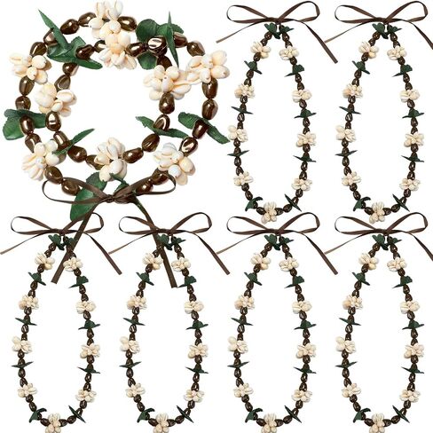 Quelay 6 Pcs Graduation Shell Kukui Nut Lei Necklace Adjustable Hawaiian Kukui Nut Necklace Ribbon Tie Closure Graduation Lei in Saudi Arabia