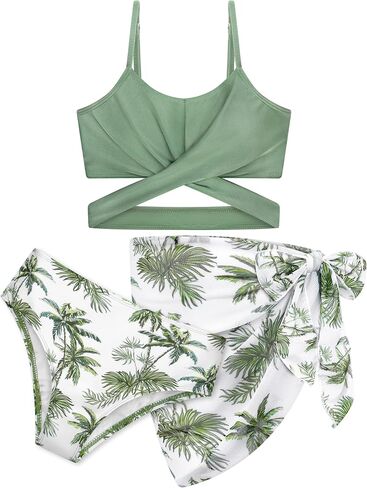 3 Pieces Girls Swimsuits Bikini Set Tropical Print Bikini Set Criss Cross Bathing Suit with Cover Up Skirt for Kids in Saudi Arabia