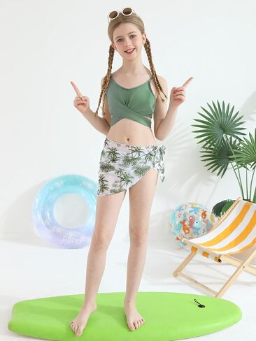 3 Pieces Girls Swimsuits Bikini Set Tropical Print Bikini Set Criss Cross Bathing Suit with Cover Up Skirt for Kids in Saudi Arabia