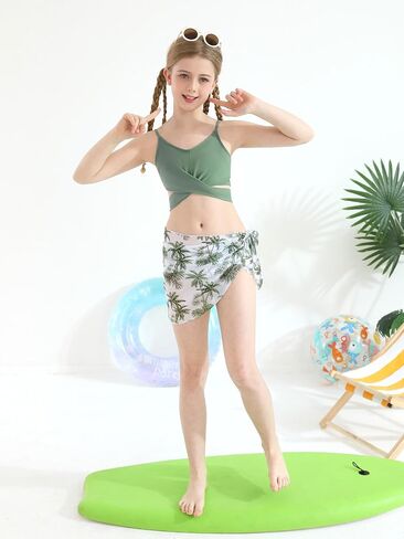 3 Pieces Girls Swimsuits Bikini Set Tropical Print Bikini Set Criss Cross Bathing Suit with Cover Up Skirt for Kids in Saudi Arabia