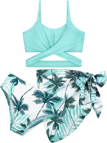 3 Pieces Girls Swimsuits Bikini Set Tropical Print Bikini Set Criss Cross Bathing Suit with Cover Up Skirt for Kids in Saudi Arabia