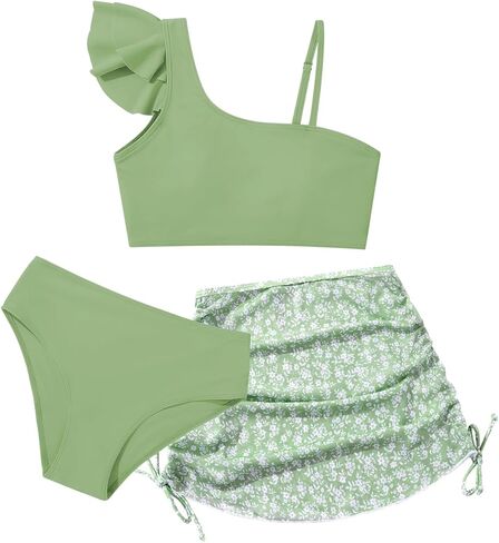 Girls Swimsuits 3 Pcs Bikini Set Ruffle Sleeve Solid Swimwear Tropical Cover Up Skirt Kids Teen Bathing Suit 9-16 Years in Saudi Arabia