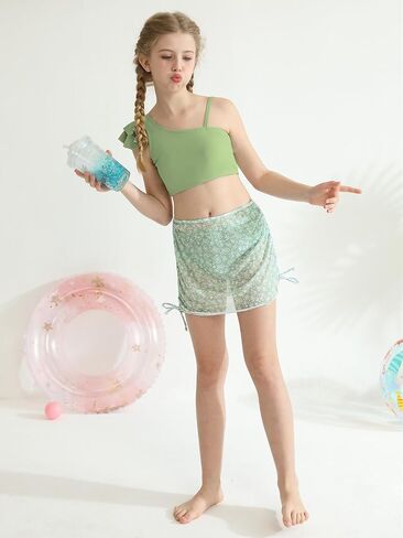 Girls Swimsuits 3 Pcs Bikini Set Ruffle Sleeve Solid Swimwear Tropical Cover Up Skirt Kids Teen Bathing Suit 9-16 Years in Saudi Arabia