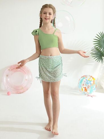 Girls Swimsuits 3 Pcs Bikini Set Ruffle Sleeve Solid Swimwear Tropical Cover Up Skirt Kids Teen Bathing Suit 9-16 Years in Saudi Arabia