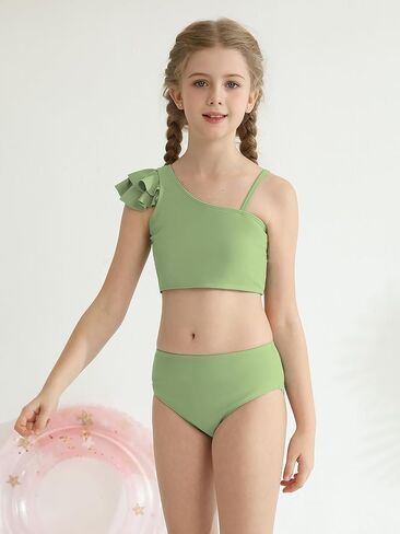 Girls Swimsuits 3 Pcs Bikini Set Ruffle Sleeve Solid Swimwear Tropical Cover Up Skirt Kids Teen Bathing Suit 9-16 Years in Saudi Arabia