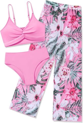 Eshoo Girls Swimsuit 3 قطعة بدلة الاستحمام بيكيني كروس عبور الأزهار الاستوائية in Kuwait