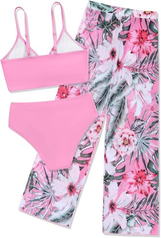 Eshoo Girls Swimsuit 3 قطعة بدلة الاستحمام بيكيني كروس عبور الأزهار الاستوائية in Kuwait