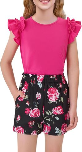 Haloumoning Girls 2 Piece Summer Outfits Clothes Ruffle Short Sleeve Shirts and High Waist Paper Bag Shorts Sets with Pockets in Saudi Arabia