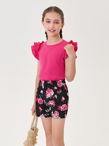 Haloumoning Girls 2 Piece Summer Outfits Clothes Ruffle Short Sleeve Shirts and High Waist Paper Bag Shorts Sets with Pockets in Saudi Arabia